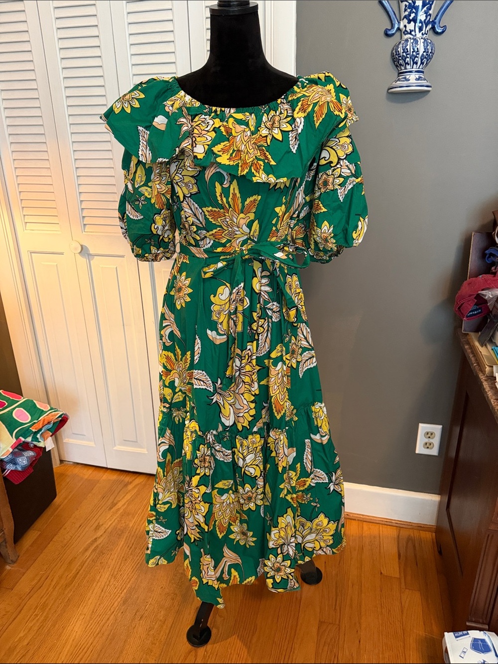 Gibson Latimer Emerald Green Floral Ruffled Maxi Dress